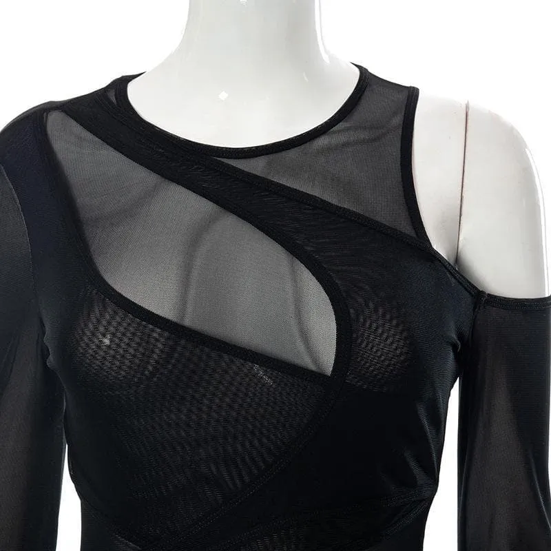 Long sleeve off shoulder irregular sheer mesh bodysuit