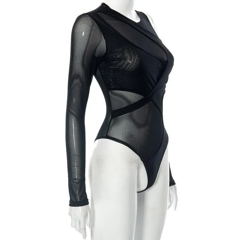 Long sleeve off shoulder irregular sheer mesh bodysuit