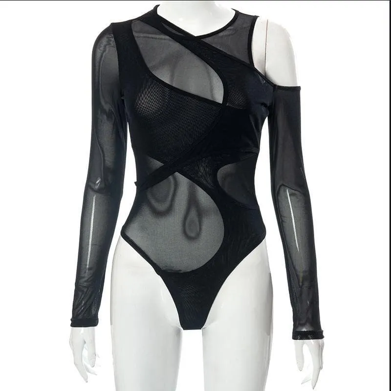 Long sleeve off shoulder irregular sheer mesh bodysuit