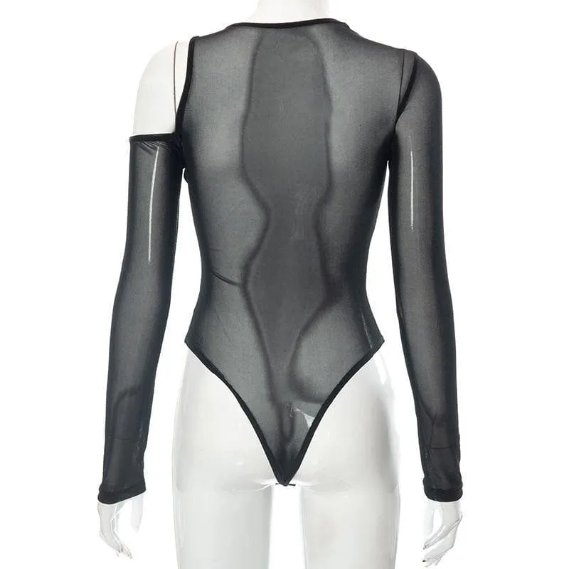 Long sleeve off shoulder irregular sheer mesh bodysuit
