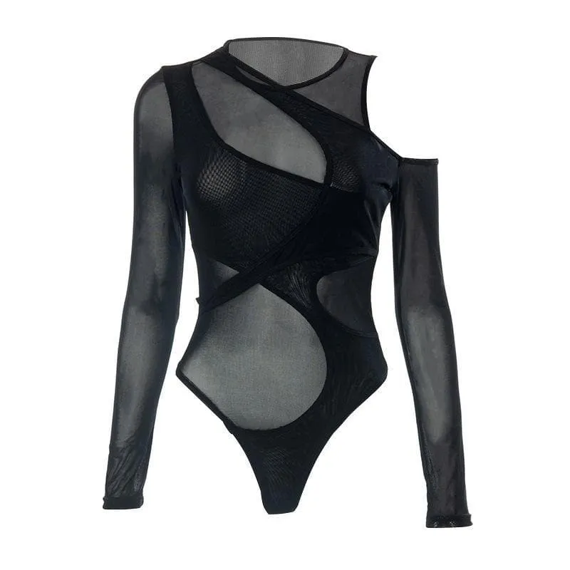 Long sleeve off shoulder irregular sheer mesh bodysuit