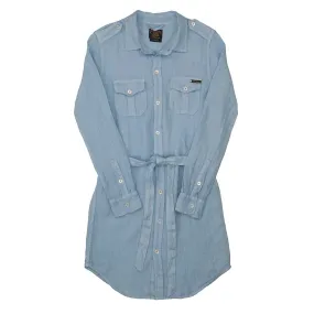 Long Sleeve Officer Linen Shirt Dress - Light Baby Blue
