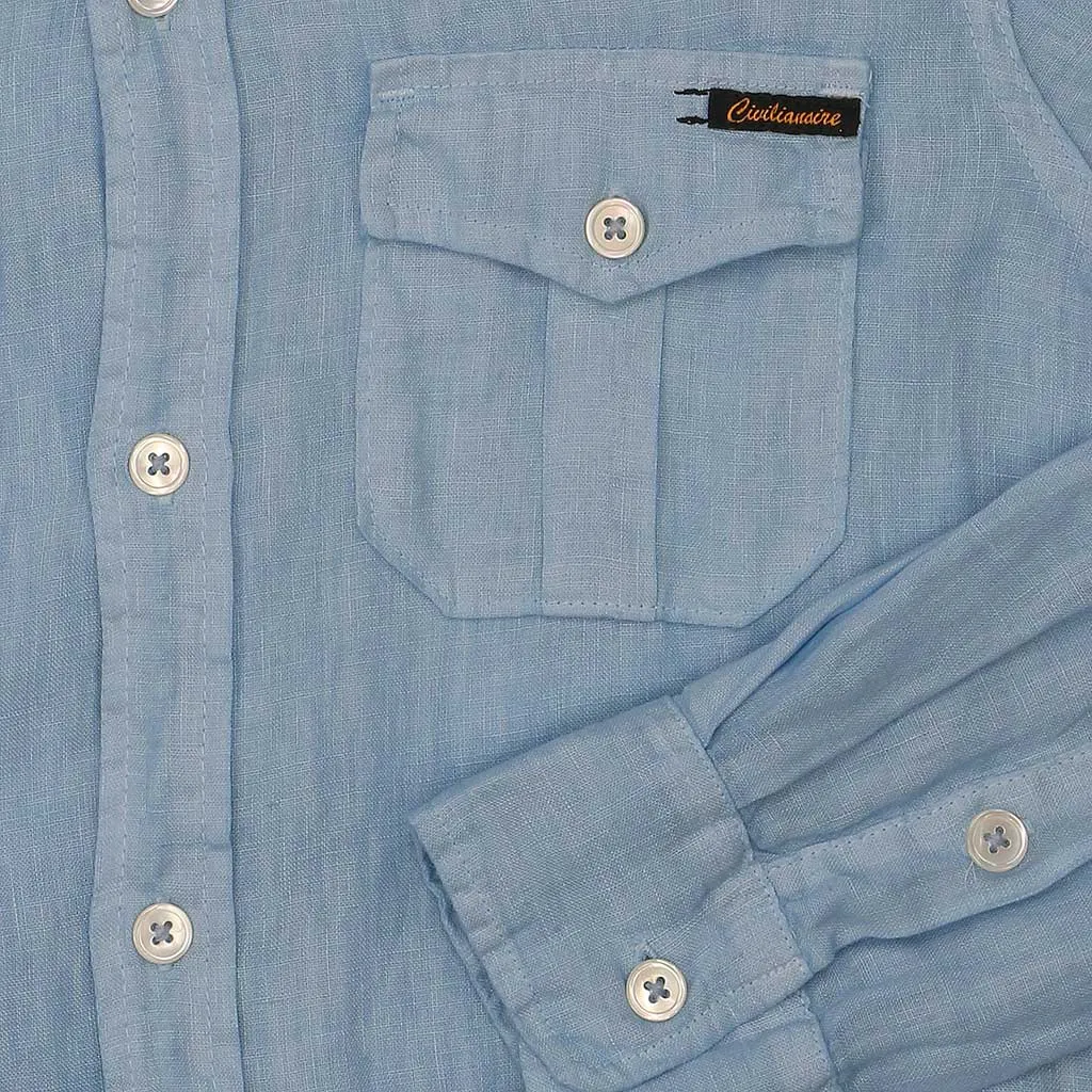 Long Sleeve Officer Linen Shirt Dress - Light Baby Blue