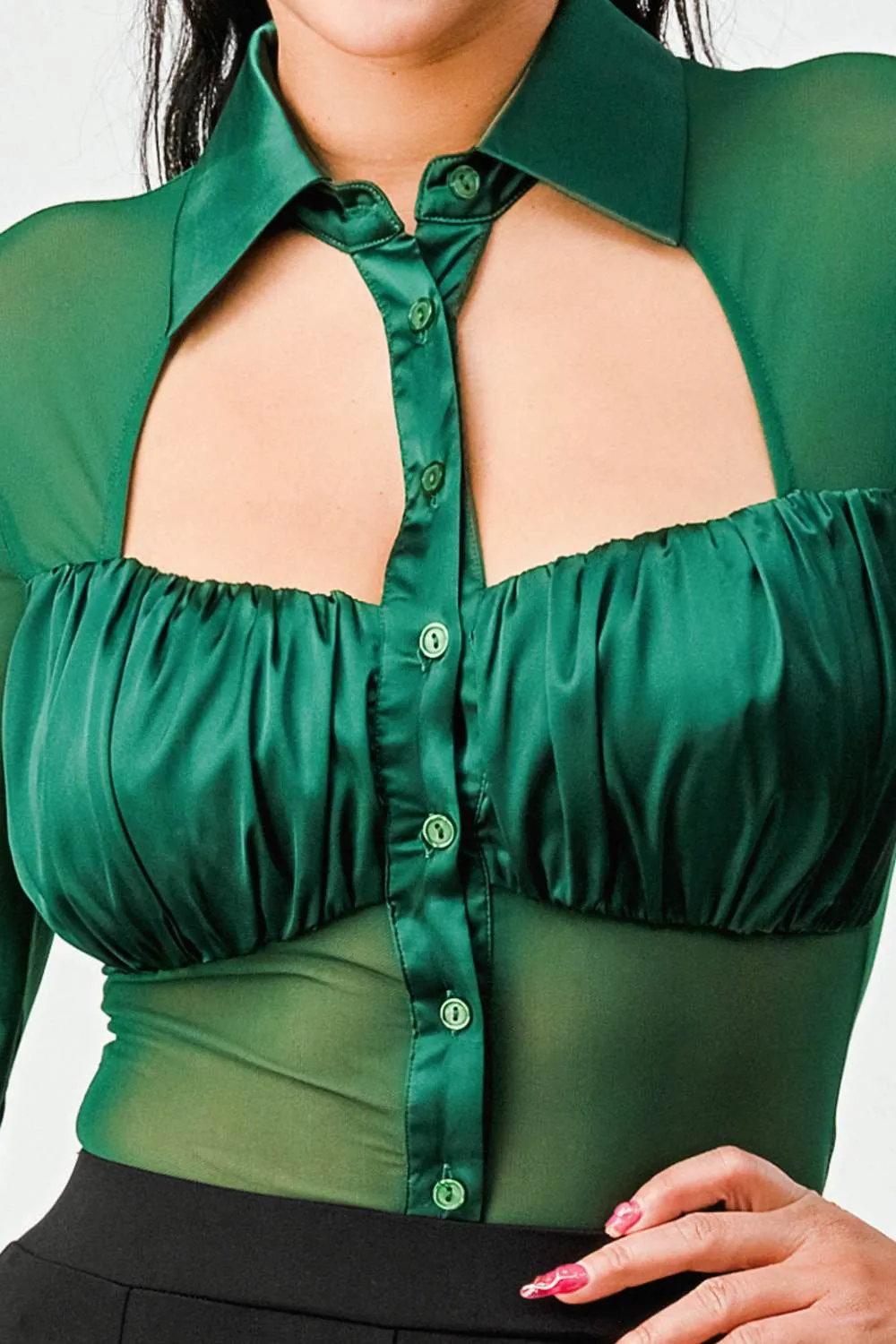 LUX BUTTON DOWN COLLARED RUCHED MESH BODYSUIT