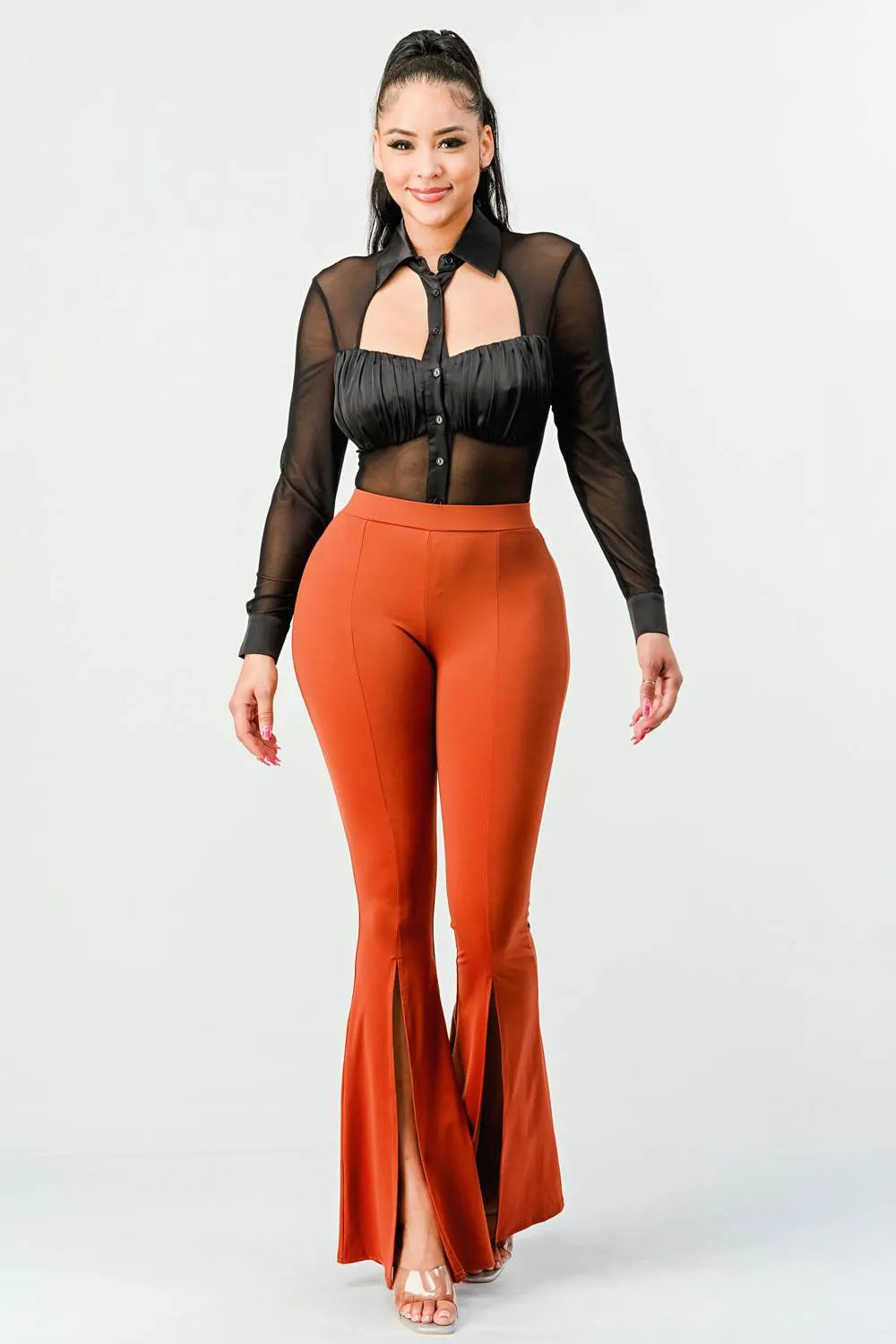LUX BUTTON DOWN COLLARED RUCHED MESH BODYSUIT