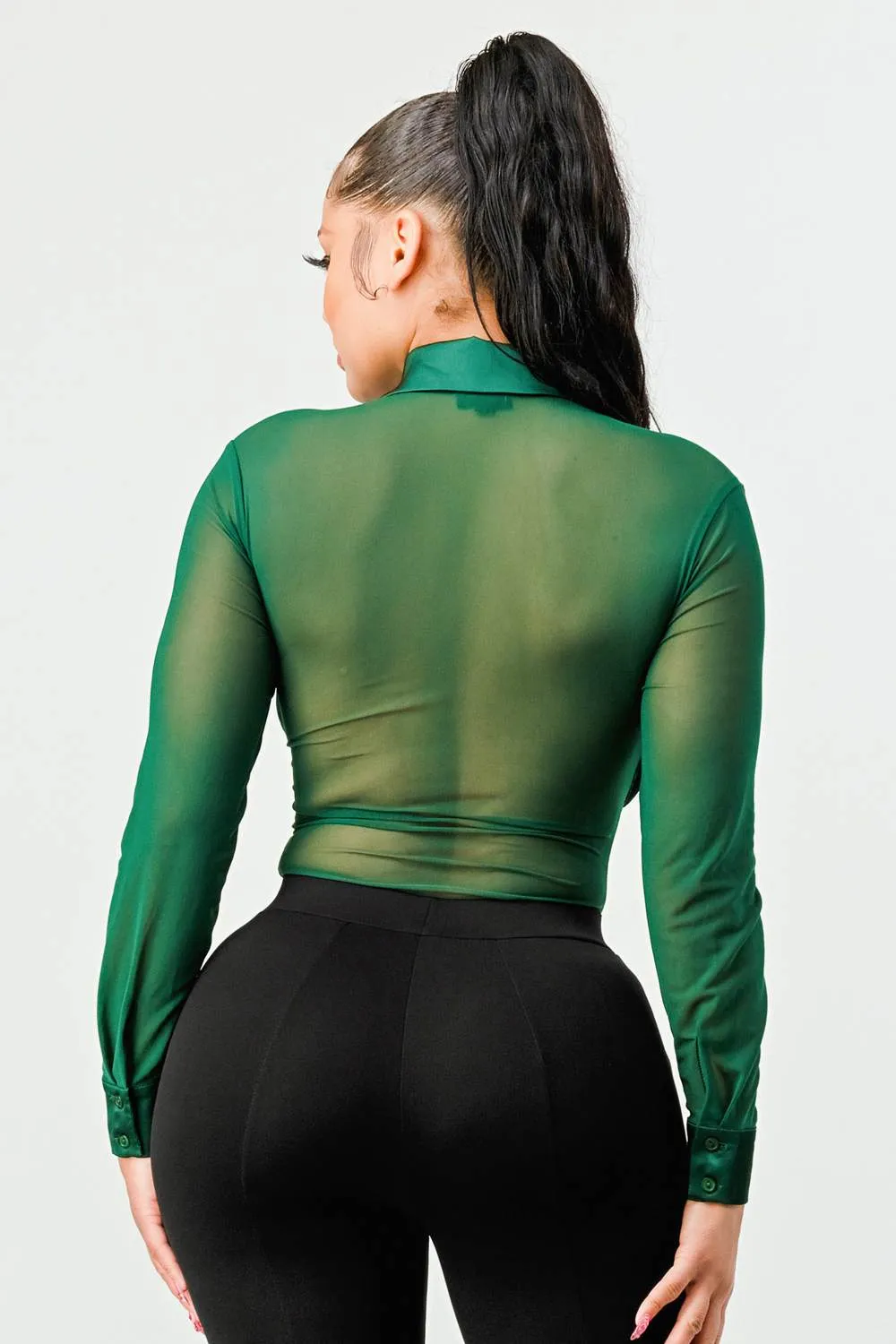 LUX BUTTON DOWN COLLARED RUCHED MESH BODYSUIT