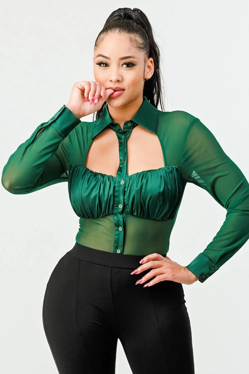 LUX BUTTON DOWN COLLARED RUCHED MESH BODYSUIT