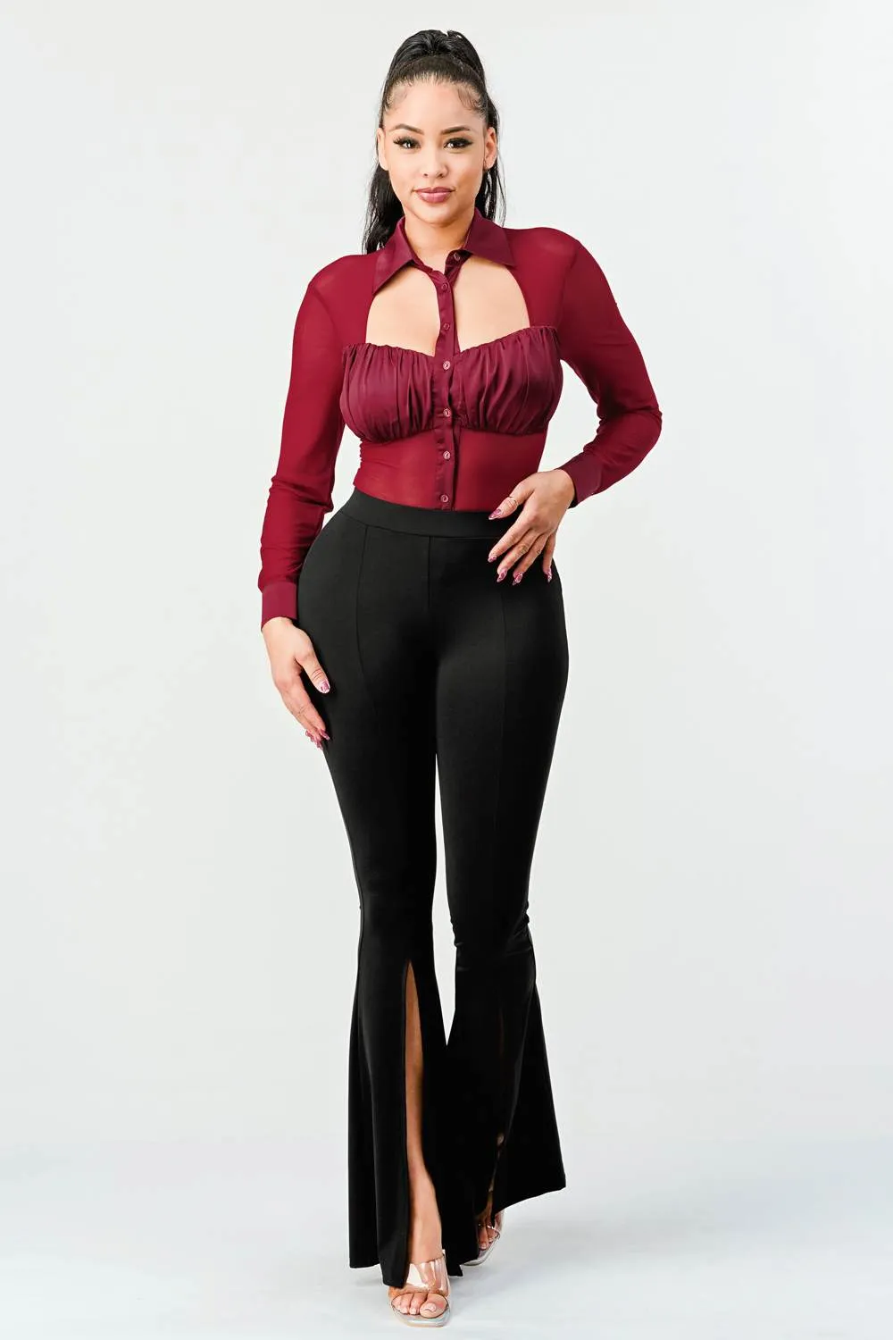 LUX BUTTON DOWN COLLARED RUCHED MESH BODYSUIT