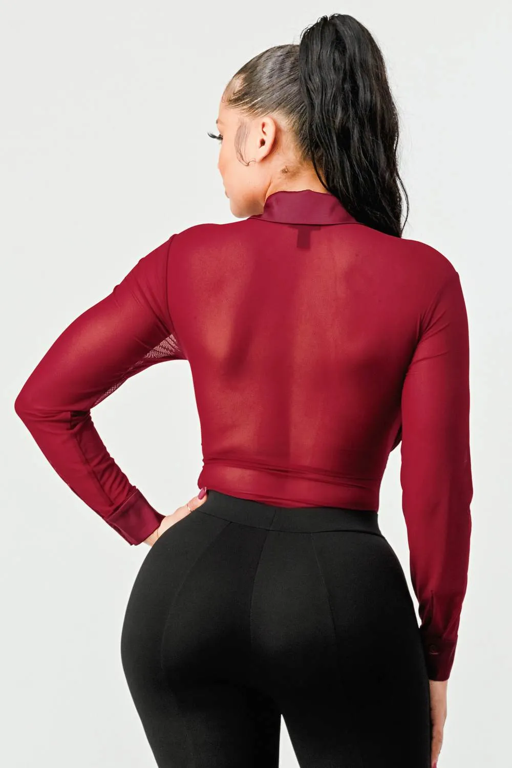 LUX BUTTON DOWN COLLARED RUCHED MESH BODYSUIT