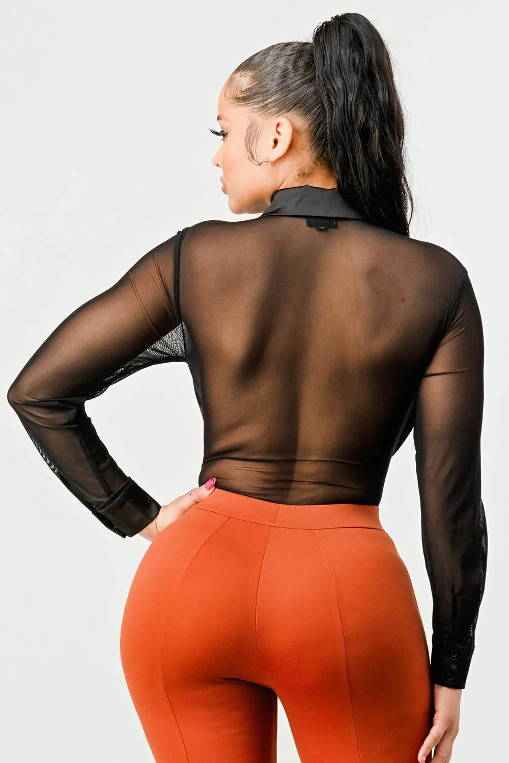 LUX BUTTON DOWN COLLARED RUCHED MESH BODYSUIT