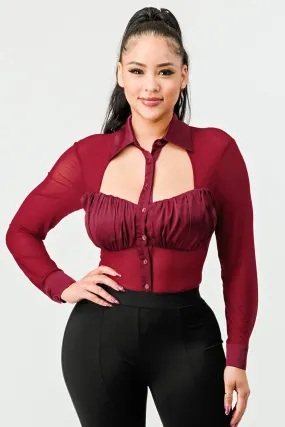 LUX BUTTON DOWN COLLARED RUCHED MESH BODYSUIT
