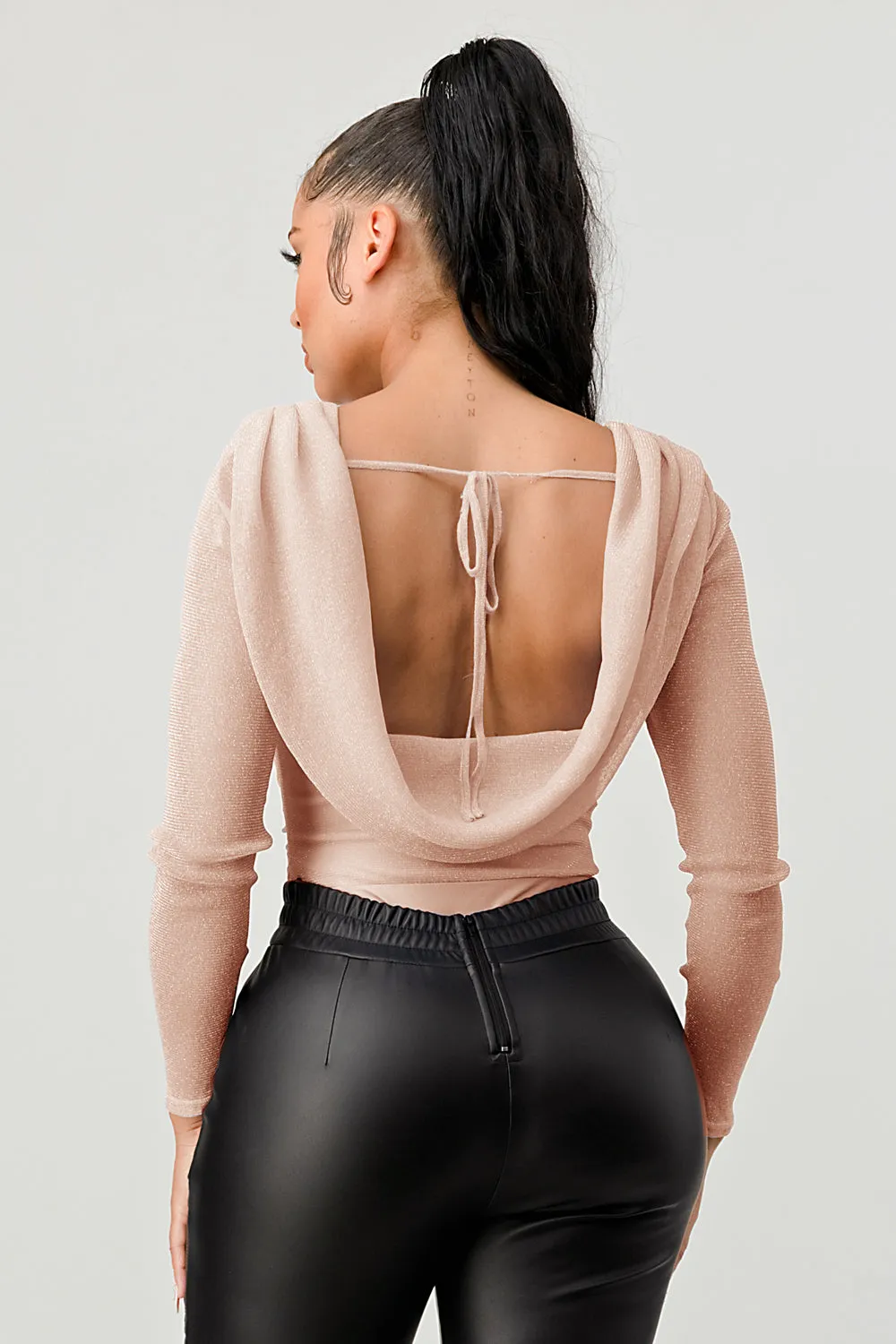LUX METALIC MESH GLITTER OPEN BACK TIE BODYSUIT