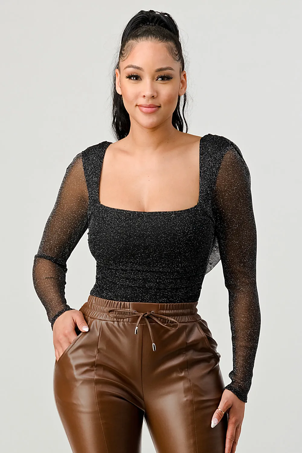 LUX METALIC MESH GLITTER OPEN BACK TIE BODYSUIT