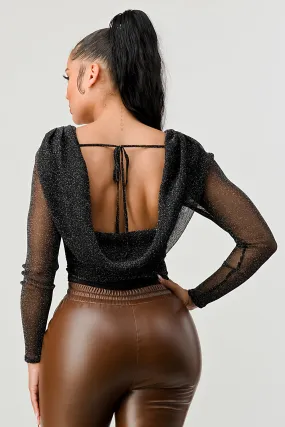 LUX METALIC MESH GLITTER OPEN BACK TIE BODYSUIT