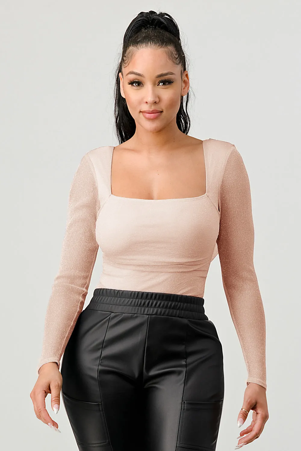 LUX METALIC MESH GLITTER OPEN BACK TIE BODYSUIT