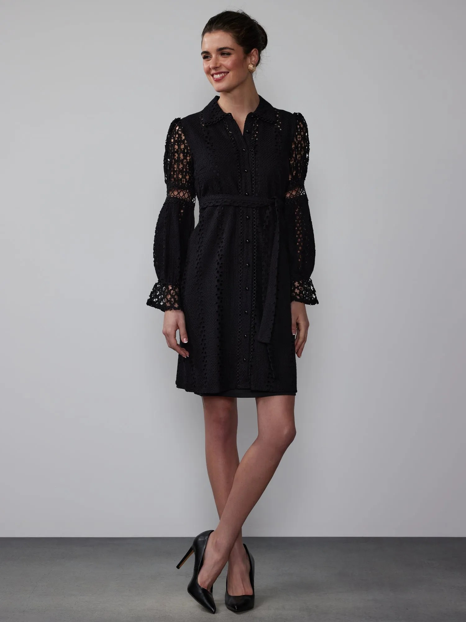 Mixed Eyelet Lattice Shirt Dress