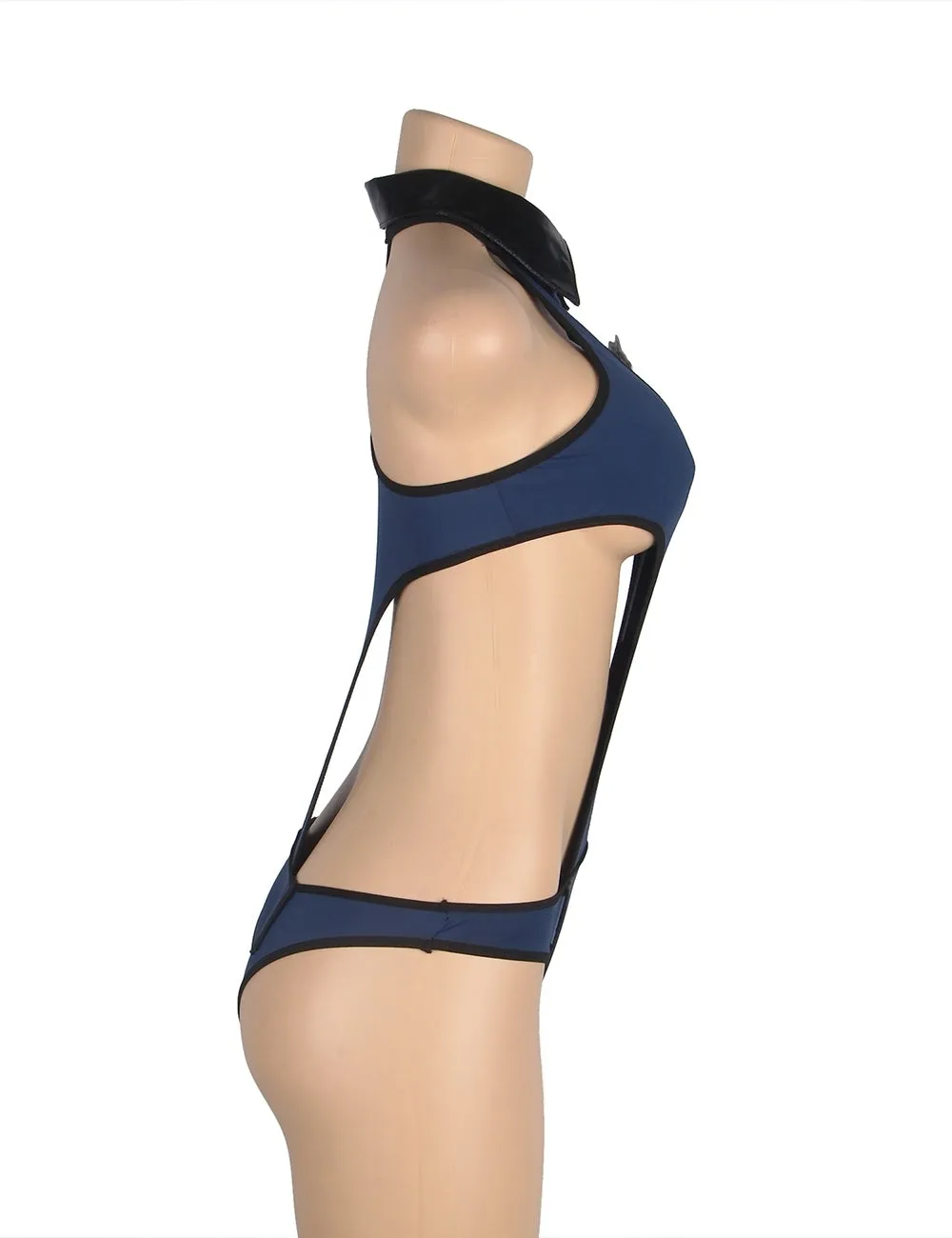 New Dark Blue V Neck Zipper Front Hollow Out Bodysuit Police Costume with Badge