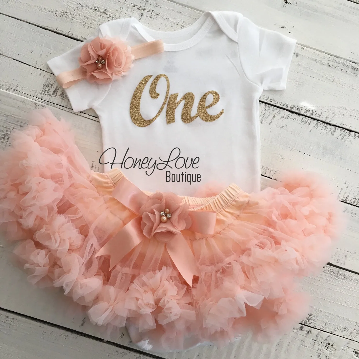 One - Birthday Outfit - Gold glitter and Peach - embellished pettiskirt