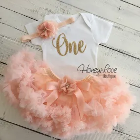 One - Birthday Outfit - Gold glitter and Peach - embellished pettiskirt