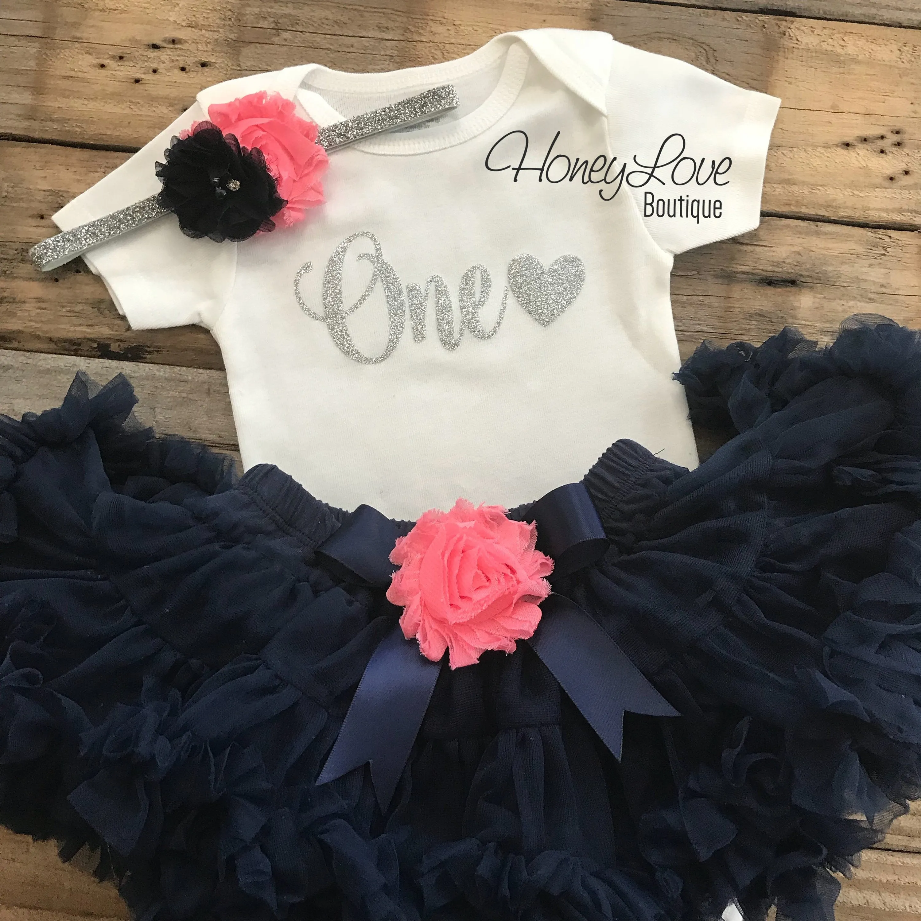 One with heart - Birthday Outfit - Navy Blue, Coral and Gold/Silver glitter