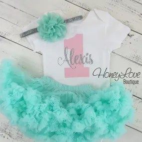 Personalized 1st Birthday Outfit - Silver/Gold glitter, Light Pink and Mint/Aqua