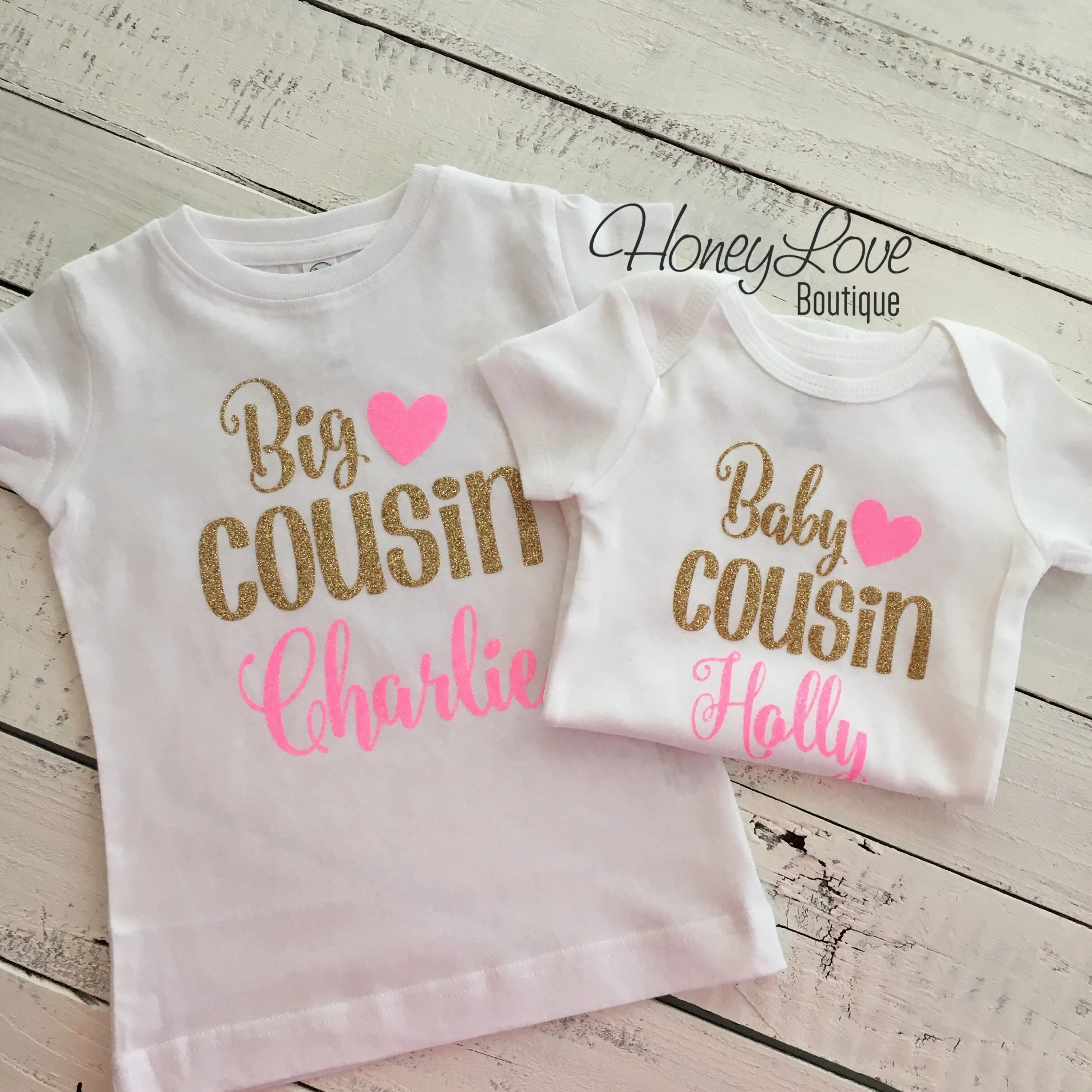 PERSONALIZED Cousin Bodysuits and Shirts - Gold Glitter and Neon Pink Glitter