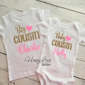 PERSONALIZED Cousin Bodysuits and Shirts - Gold Glitter and Neon Pink Glitter