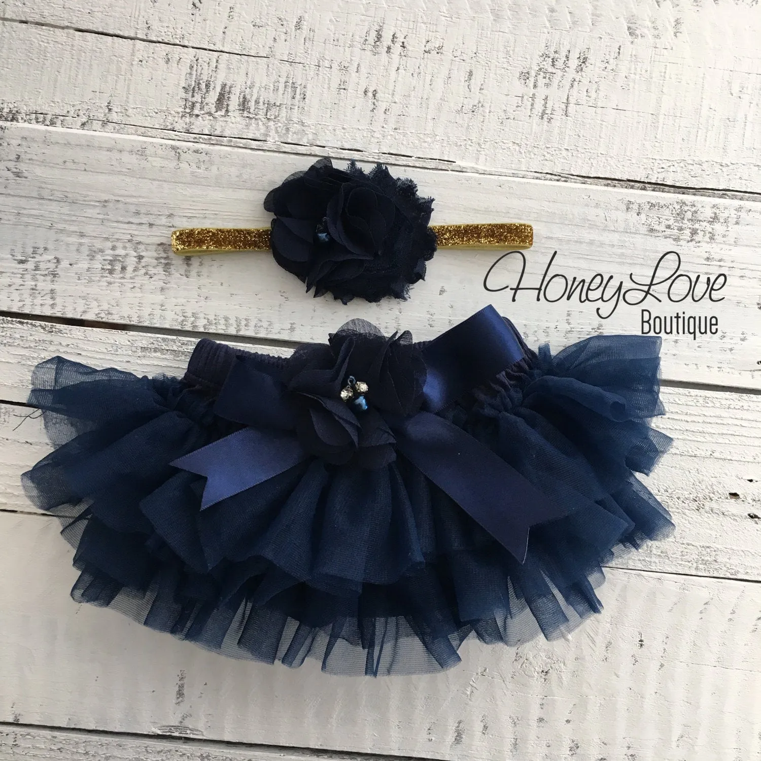 PERSONALIZED Name inside Heart - Gold glitter and Navy Blue - embellished tutu skirt bloomers