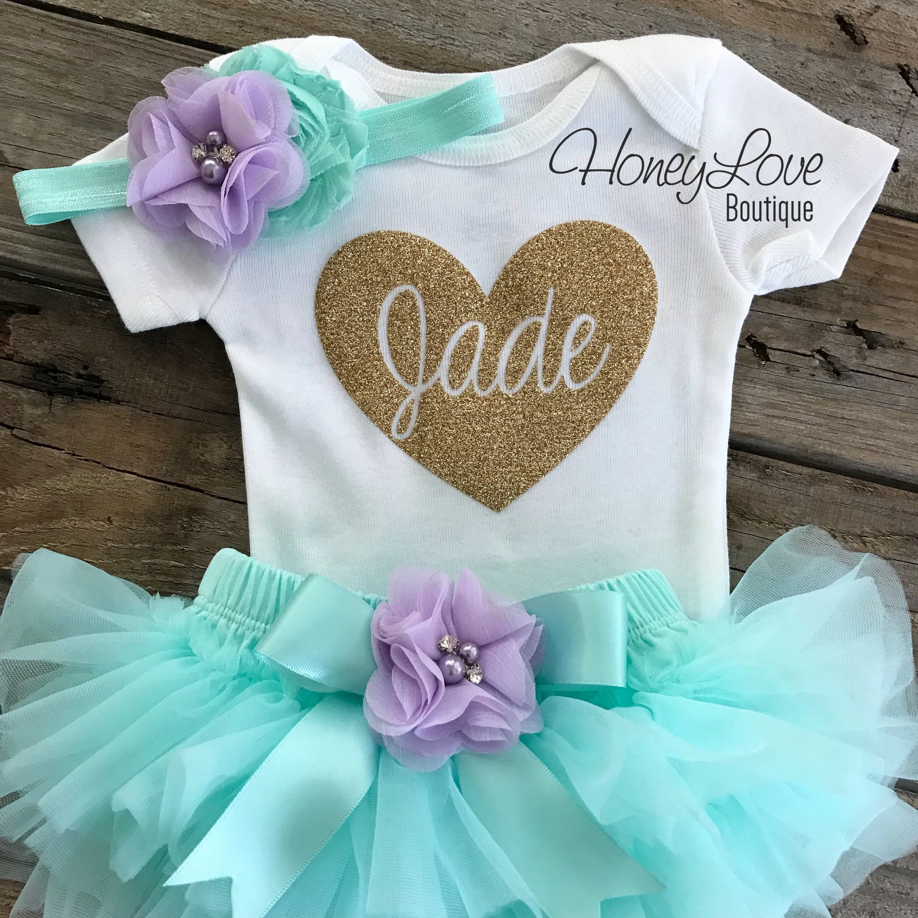 PERSONALIZED Name inside Heart - Gold Glitter, Mint/Aqua and Lavender Purple