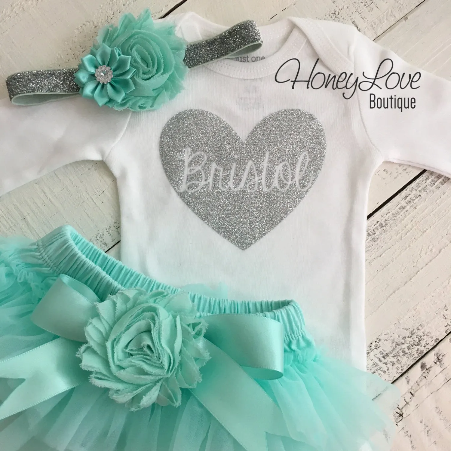 PERSONALIZED Name inside Heart - Silver Glitter and Mint/Aqua - Embellished tutu skirt bloomers