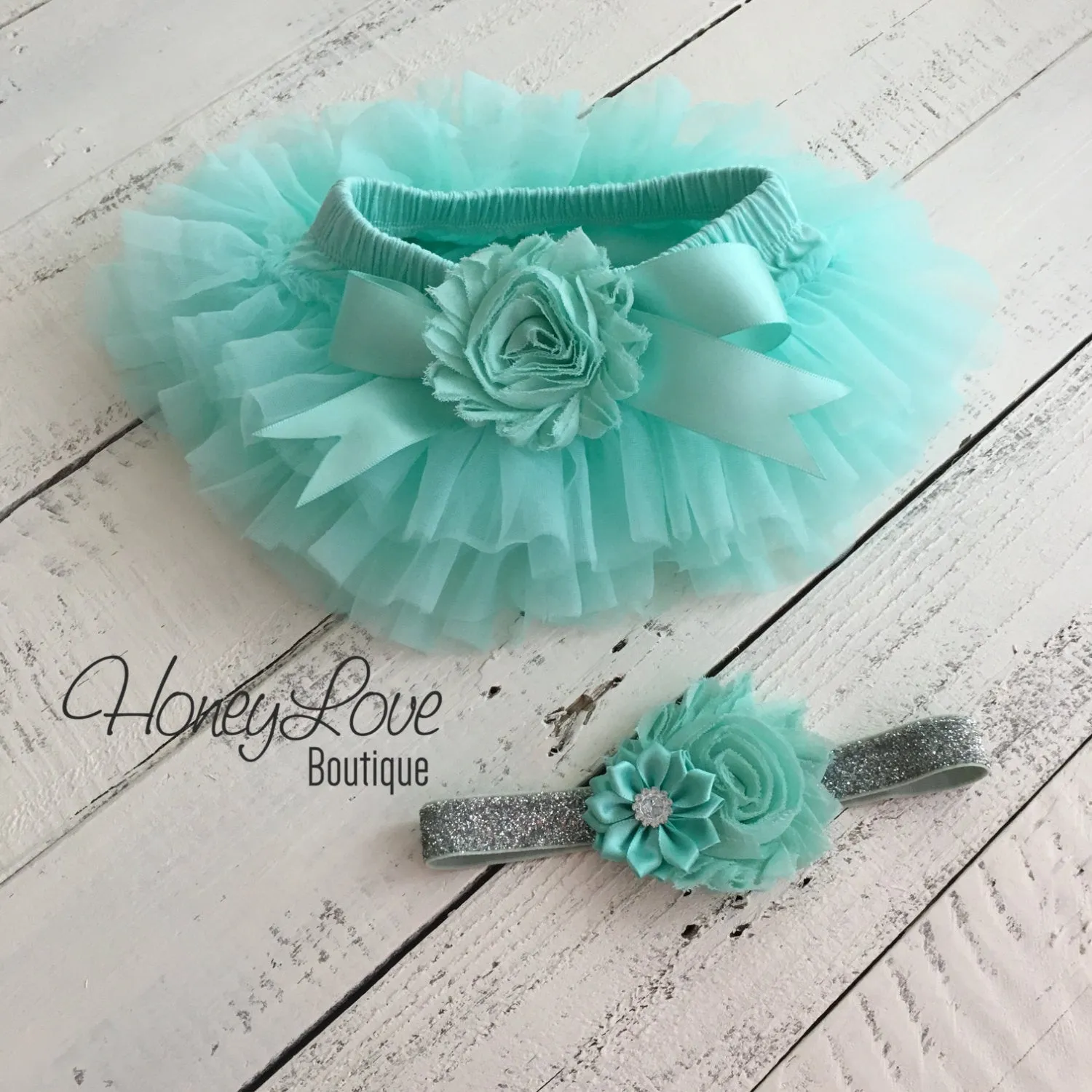 PERSONALIZED Name inside Heart - Silver Glitter and Mint/Aqua - Embellished tutu skirt bloomers