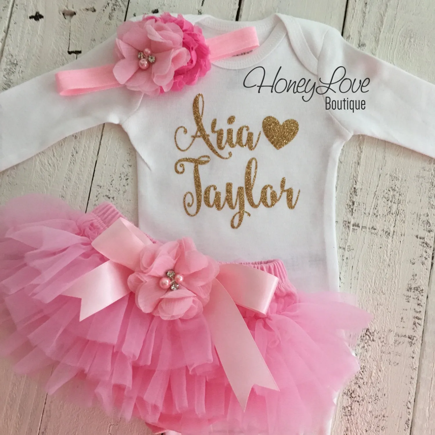PERSONALIZED Name Outfit - Gold Glitter and Light Pink - Embellished bloomers