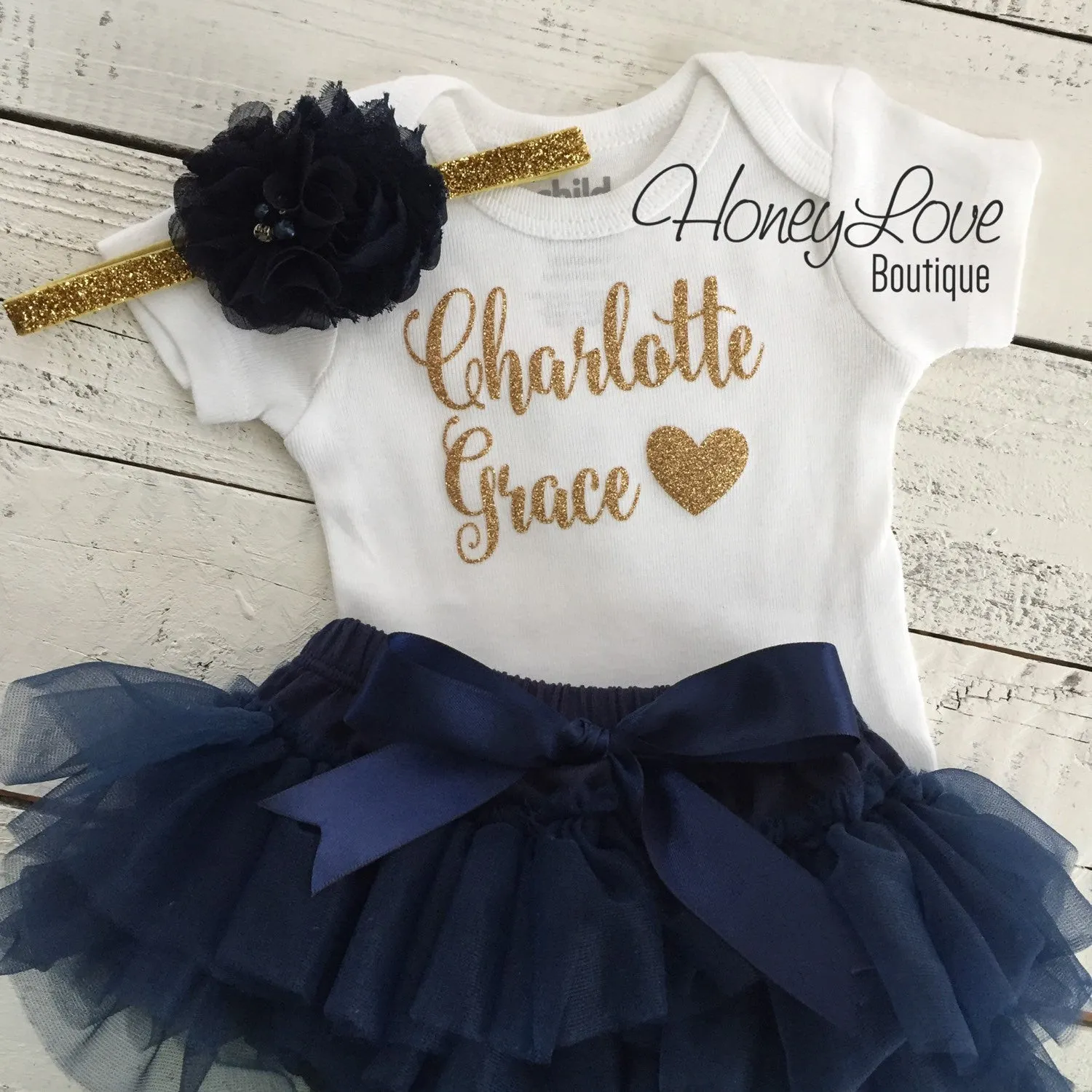 PERSONALIZED Name Outfit - Gold Glitter and Navy