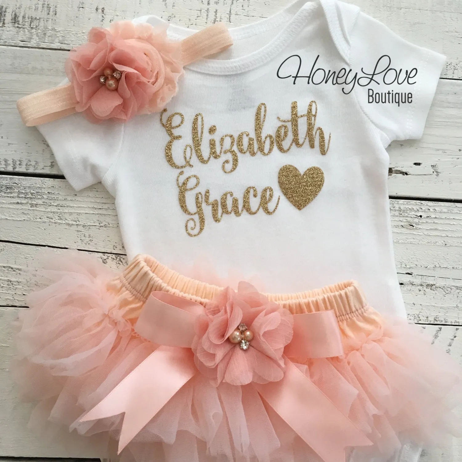 PERSONALIZED Name Outfit - Gold Glitter and Peach - embellished tutu skirt bloomers