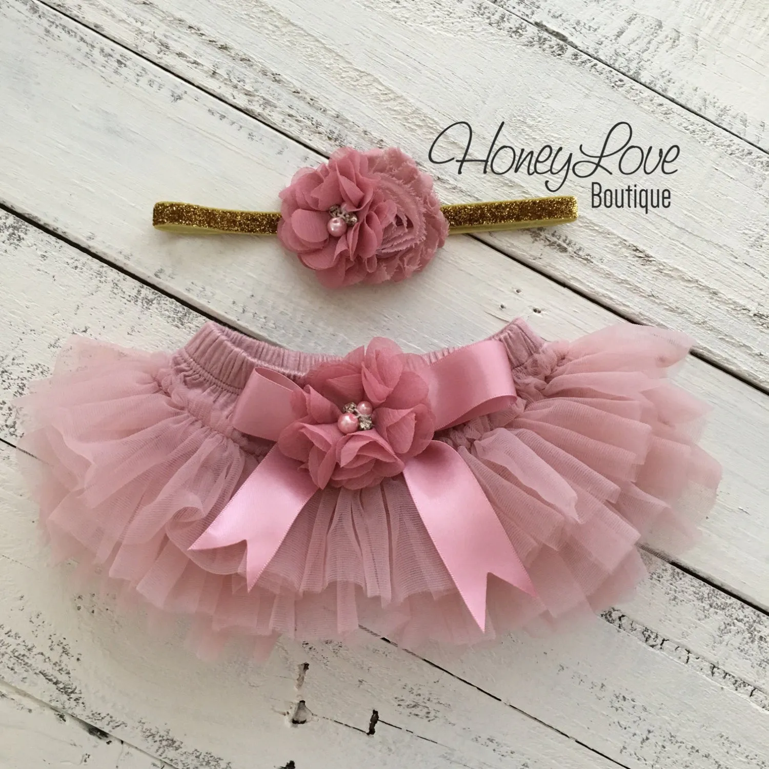 PERSONALIZED Name Outfit - Gold Glitter and Vintage Pink - Embellished tutu skirt bloomers
