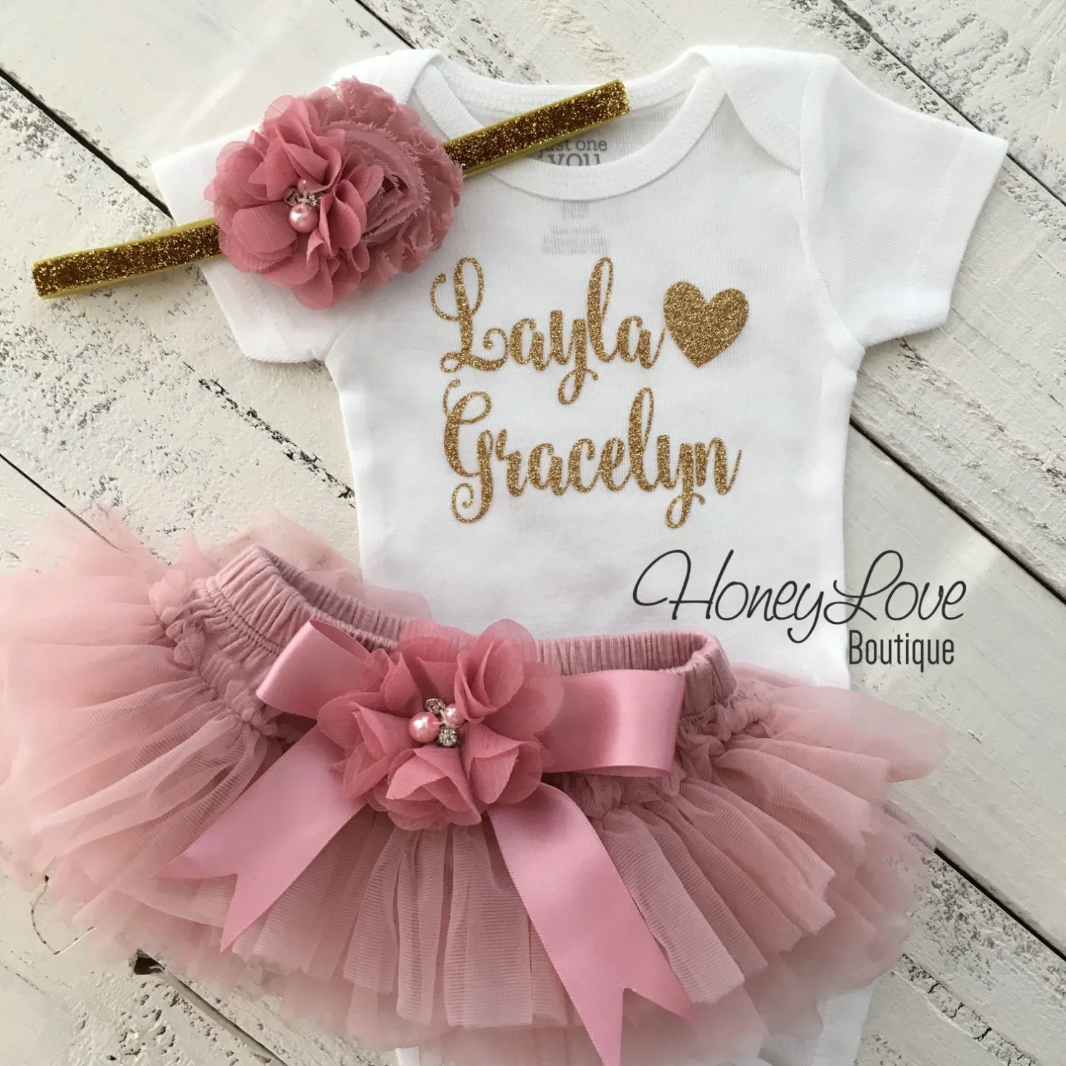 PERSONALIZED Name Outfit - Gold Glitter and Vintage Pink - Embellished tutu skirt bloomers