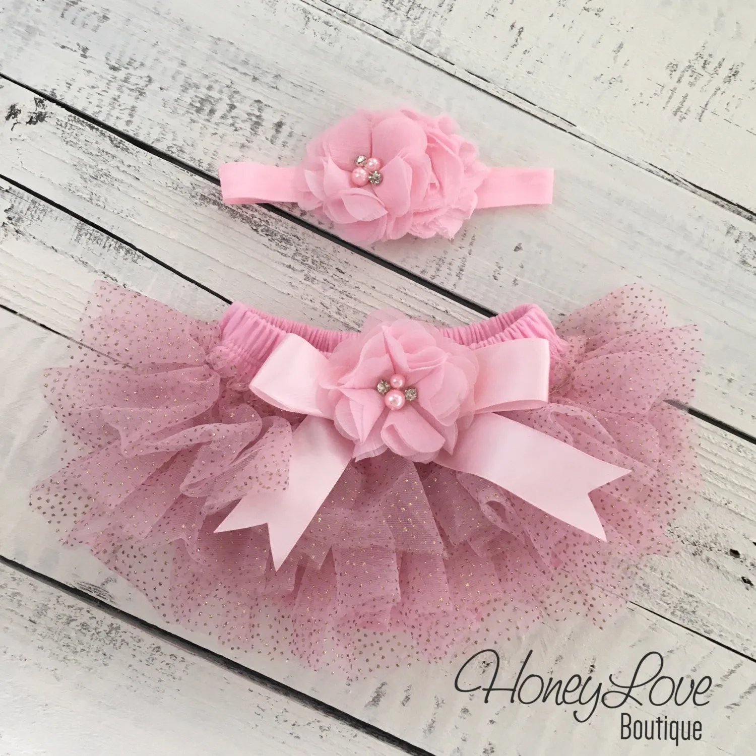 PERSONALIZED Name Outfit - Light Pink and Gold Glitter - embellished tutu skirt bloomers