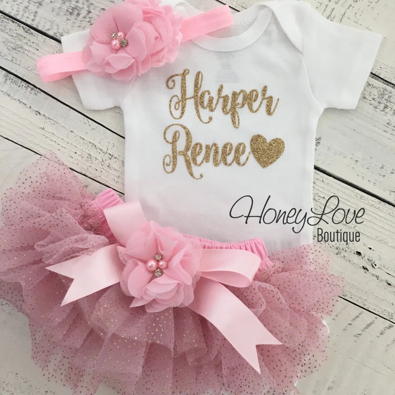PERSONALIZED Name Outfit - Light Pink and Gold Glitter - embellished tutu skirt bloomers