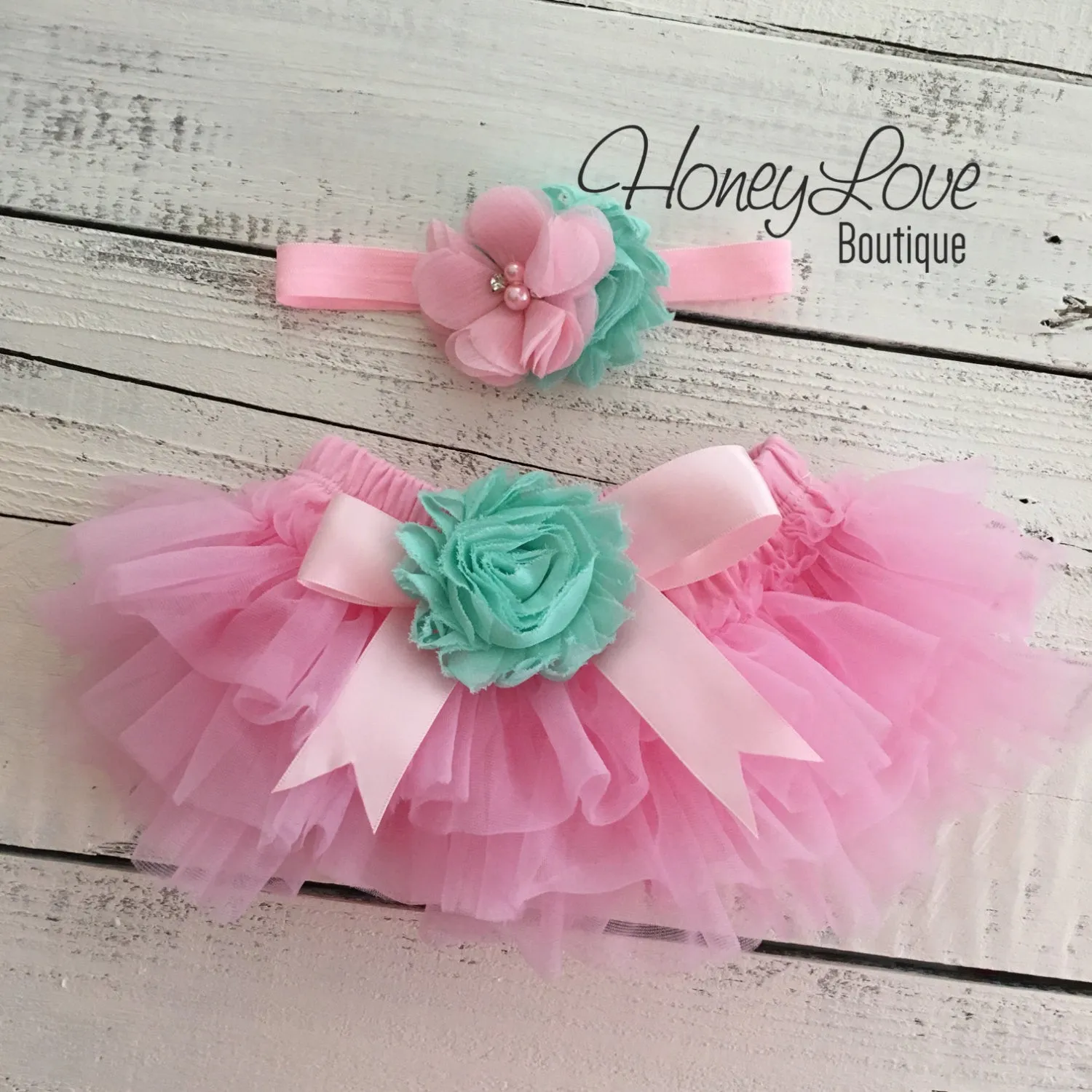 PERSONALIZED Name Outfit - Light Pink and Gold Glitter - Mint/Aqua flower embellished tutu skirt bloomers