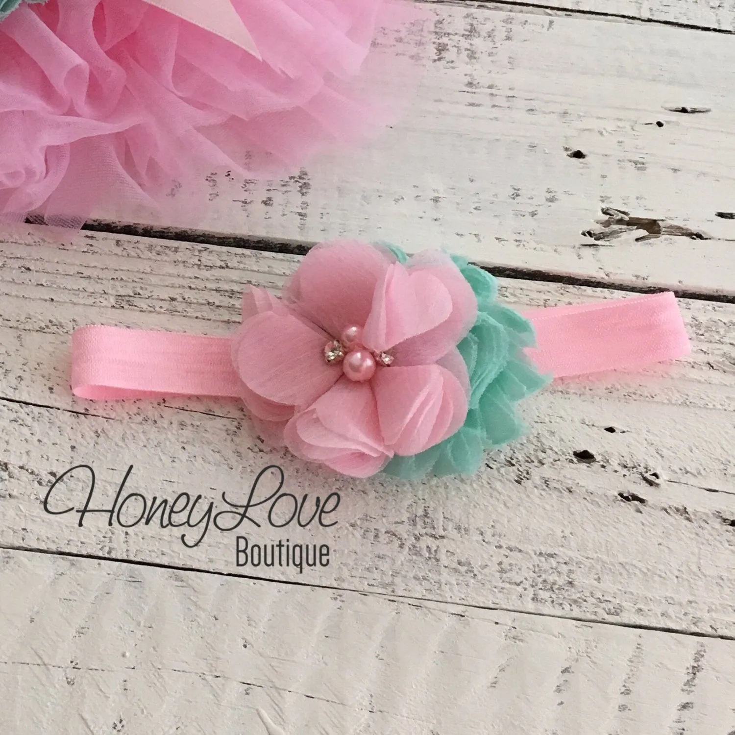 PERSONALIZED Name Outfit - Light Pink and Gold Glitter - Mint/Aqua flower embellished tutu skirt bloomers
