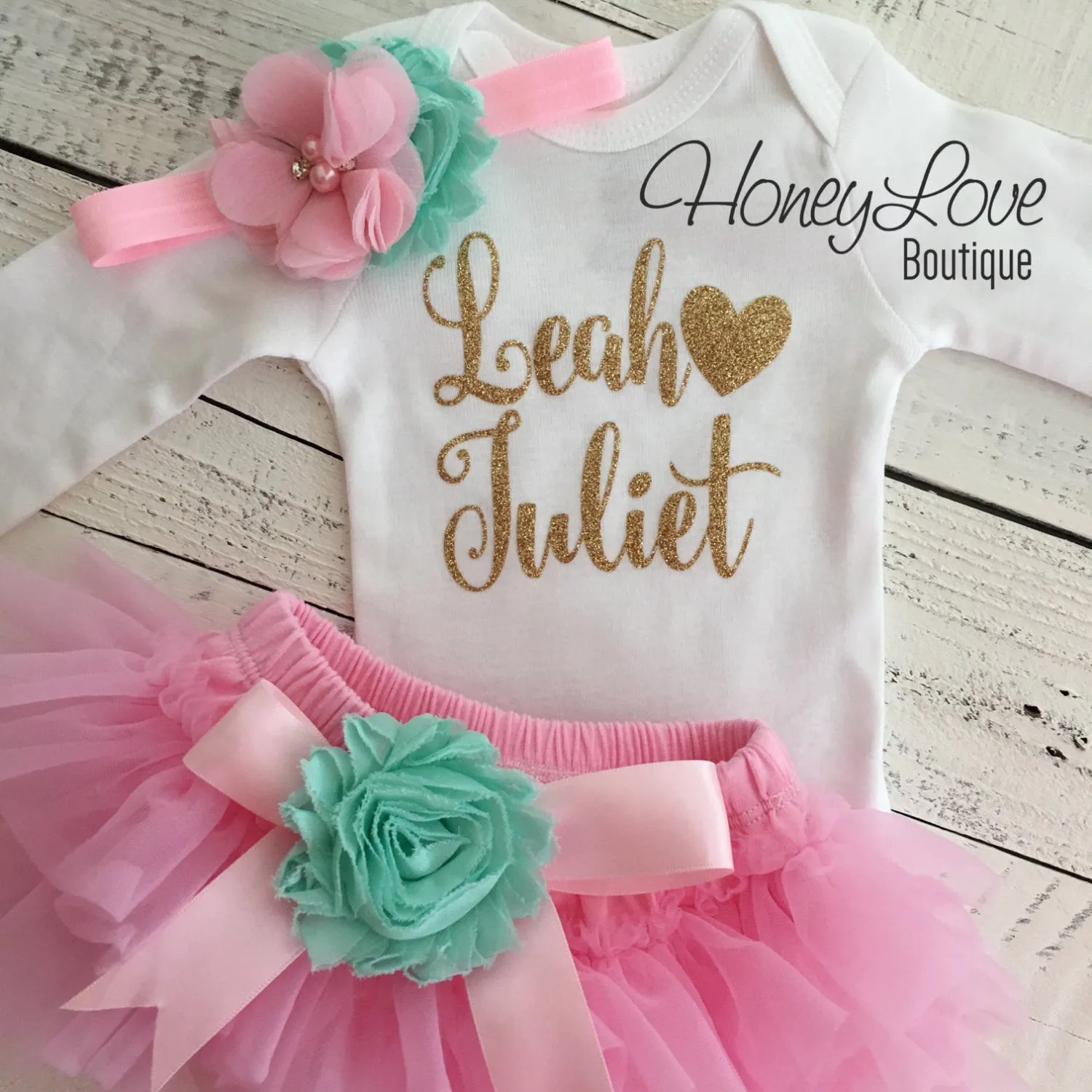 PERSONALIZED Name Outfit - Light Pink and Gold Glitter - Mint/Aqua flower embellished tutu skirt bloomers