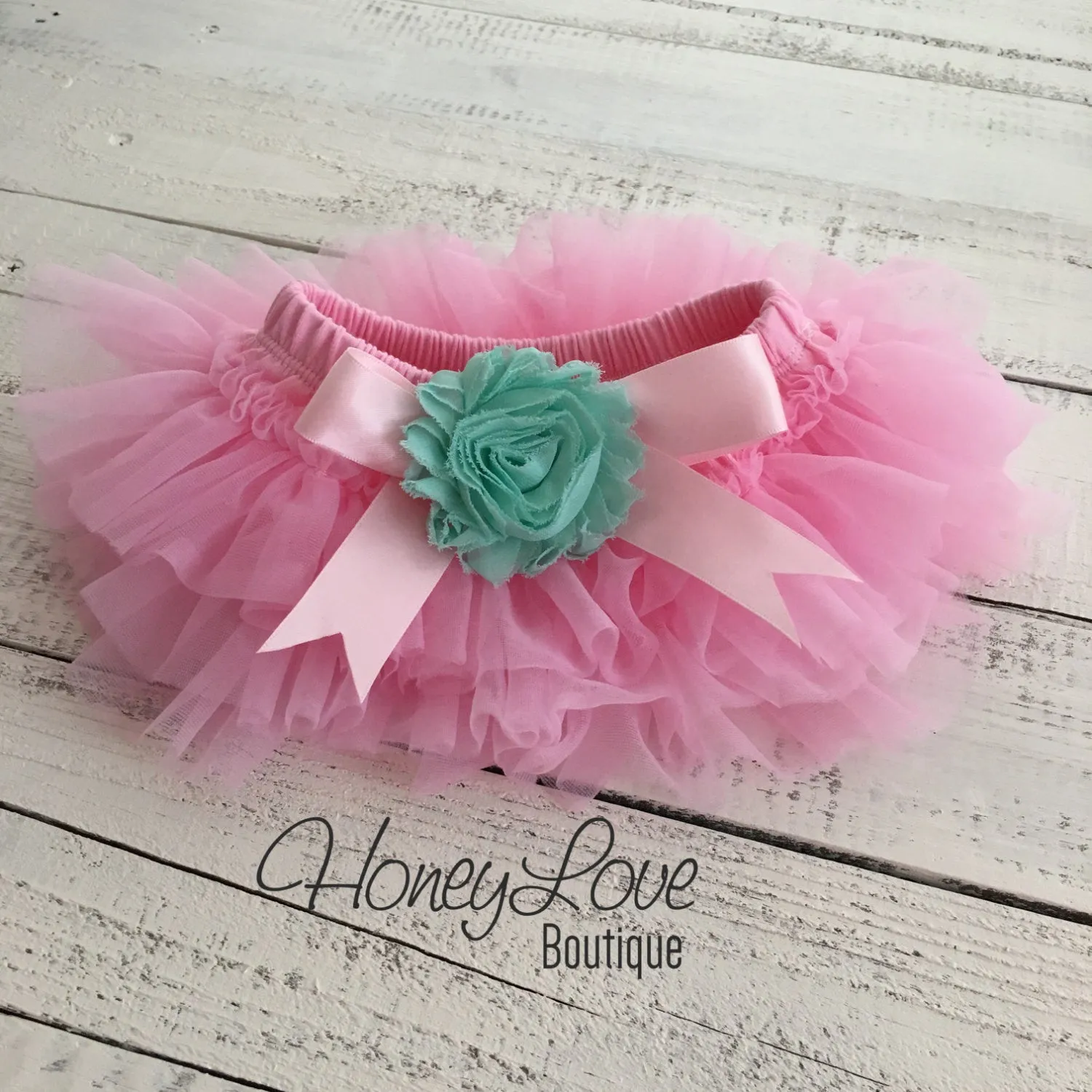 PERSONALIZED Name Outfit - Light Pink and Gold Glitter - Mint/Aqua flower embellished tutu skirt bloomers