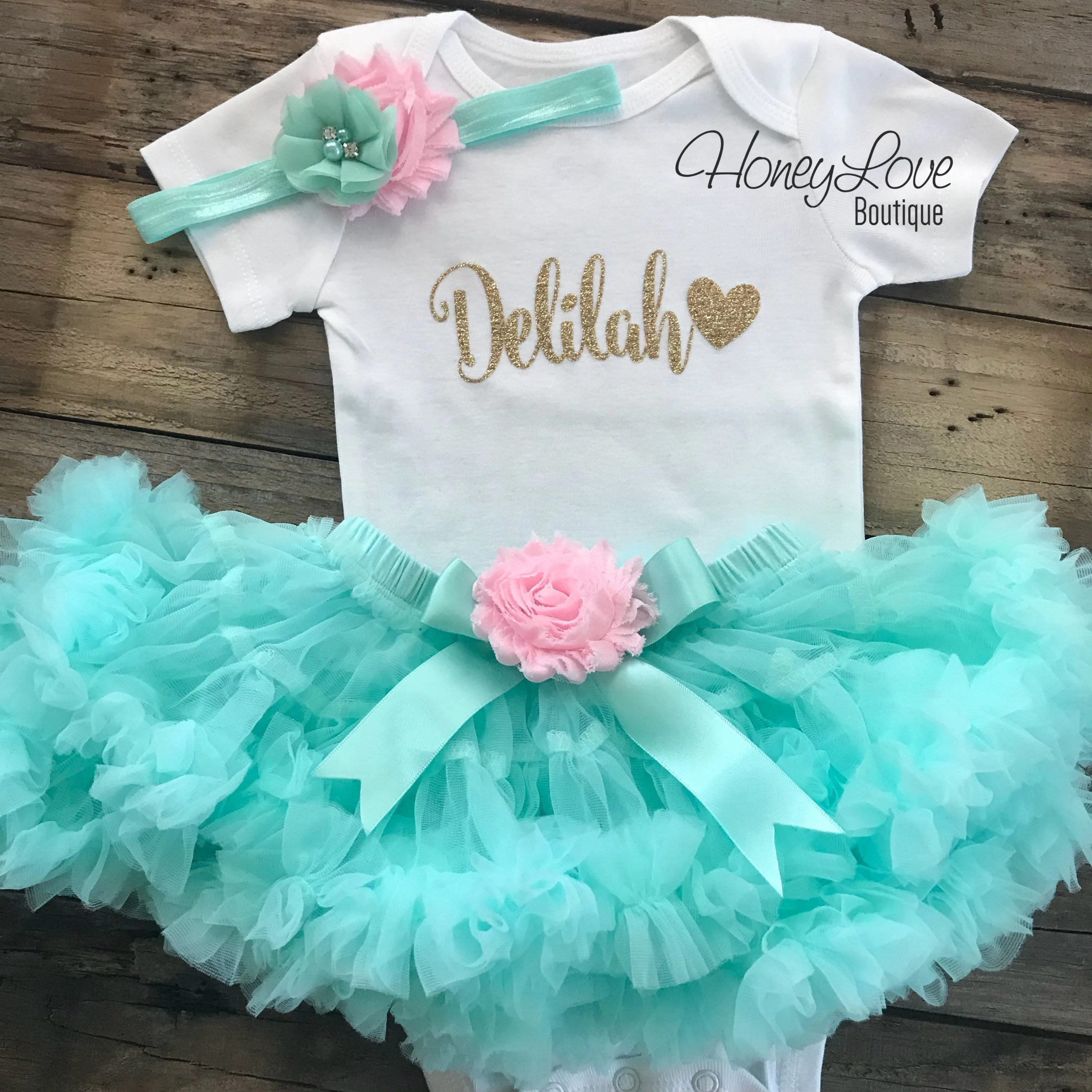 PERSONALIZED Name Outfit - Mint/Aqua and Gold Glitter - Light Pink shabby flower embellished pettiskirt
