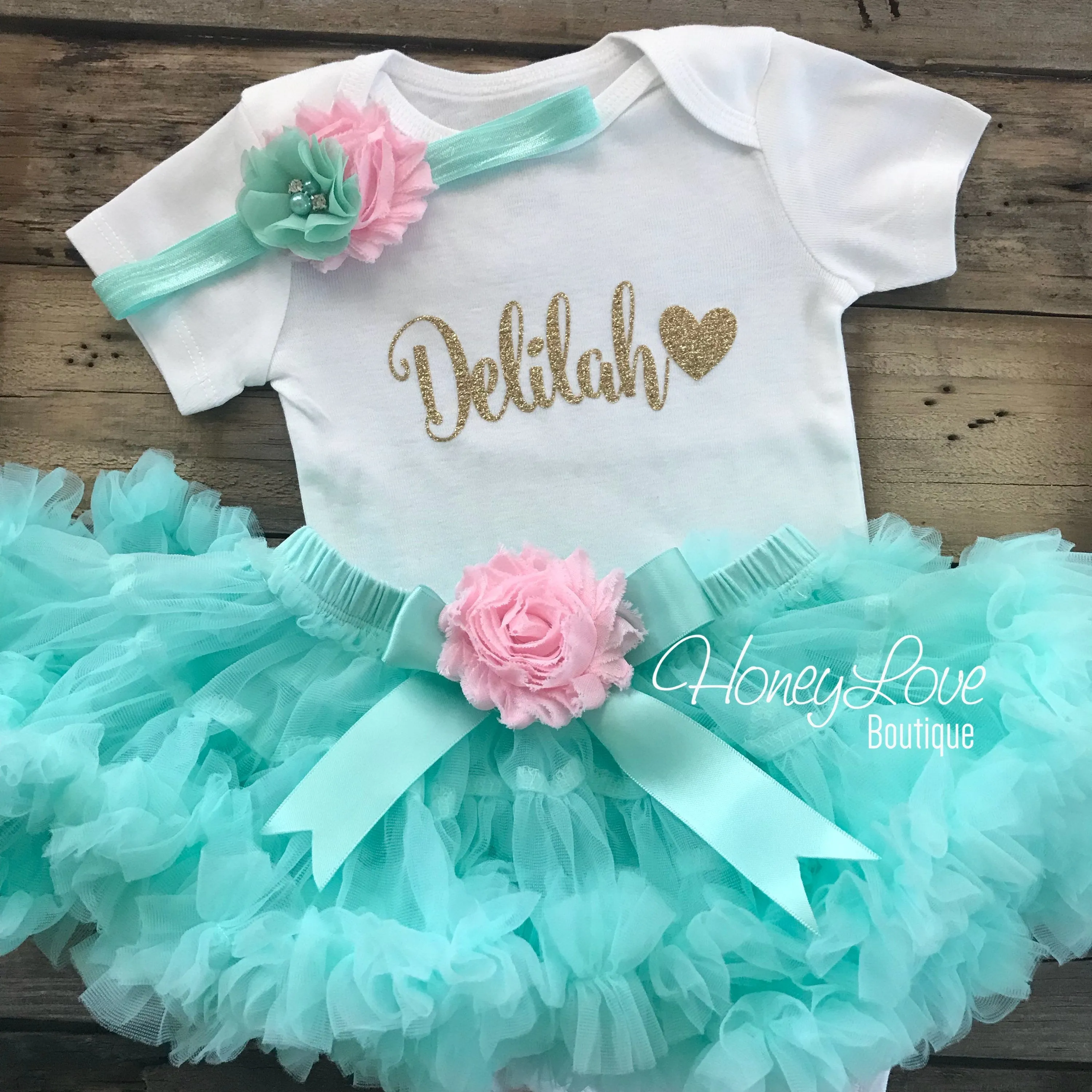 PERSONALIZED Name Outfit - Mint/Aqua and Gold Glitter - Light Pink shabby flower embellished pettiskirt