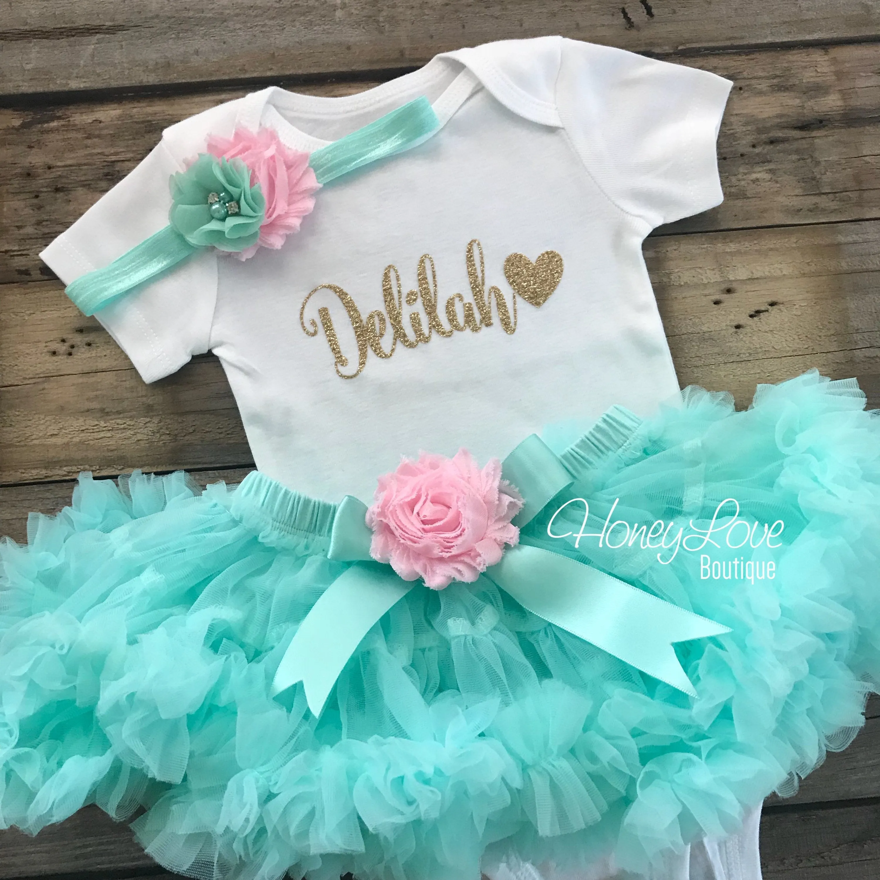 PERSONALIZED Name Outfit - Mint/Aqua and Gold Glitter - Light Pink shabby flower embellished pettiskirt