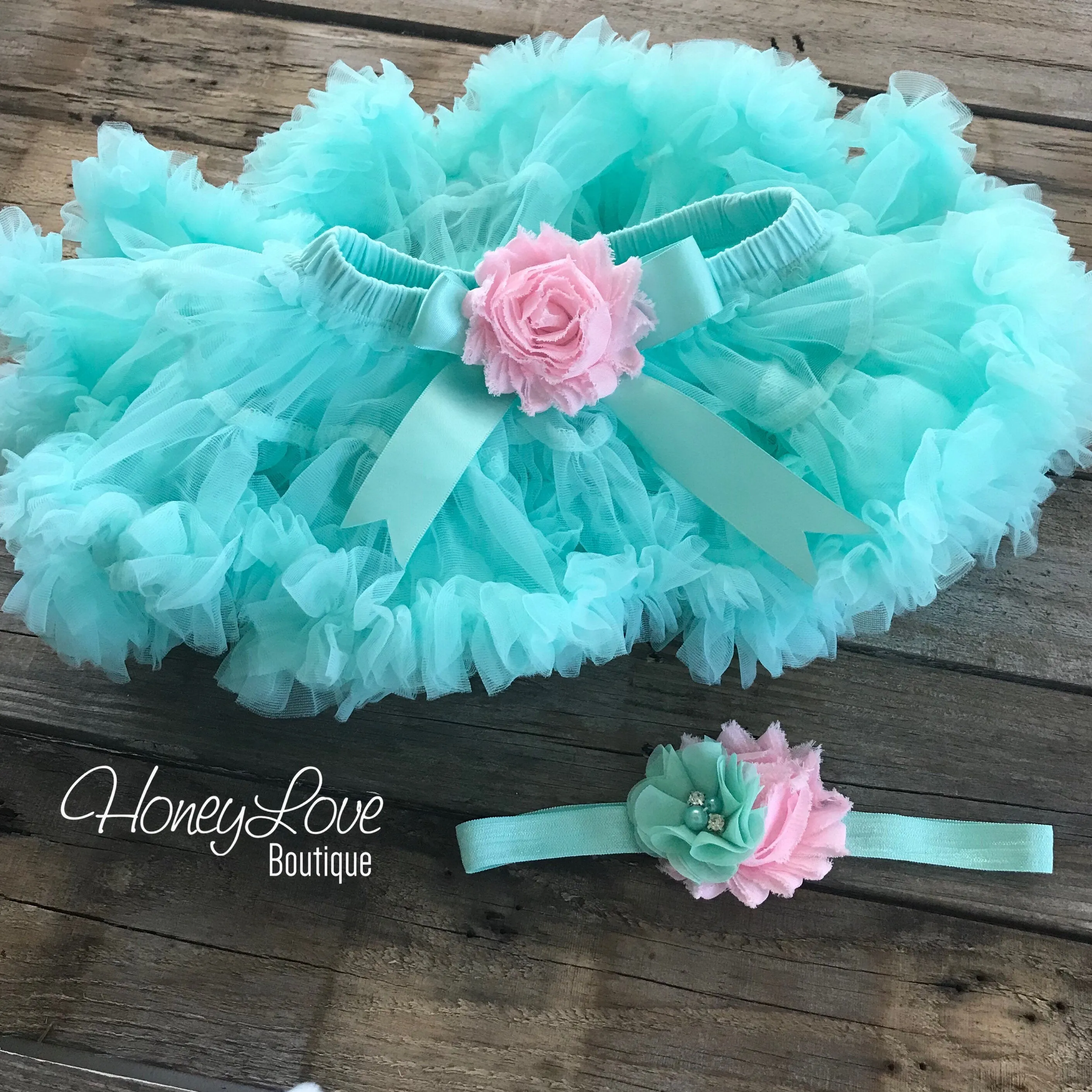 PERSONALIZED Name Outfit - Mint/Aqua and Gold Glitter - Light Pink shabby flower embellished pettiskirt