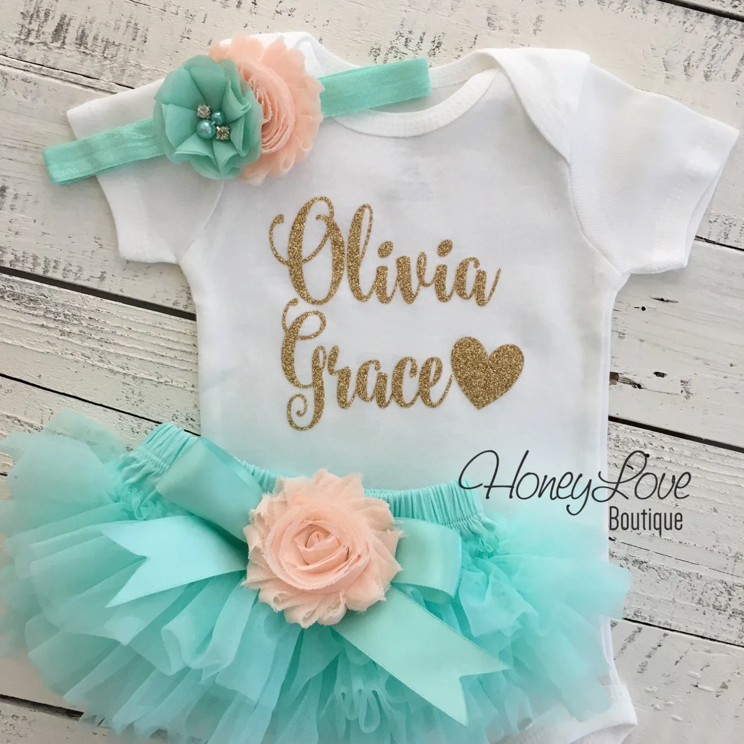 PERSONALIZED Name Outfit - Mint/Aqua and Gold Glitter - Peach flower embellished tutu skirt bloomers