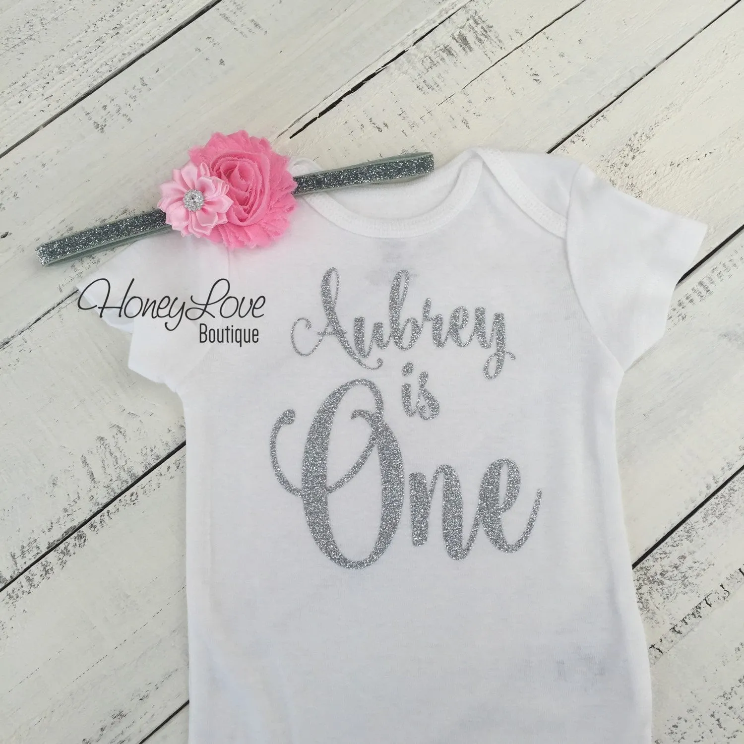 Personalized Name "is One" - 1st Birthday Outfit - Light Pink and Silver/Gold Glitter