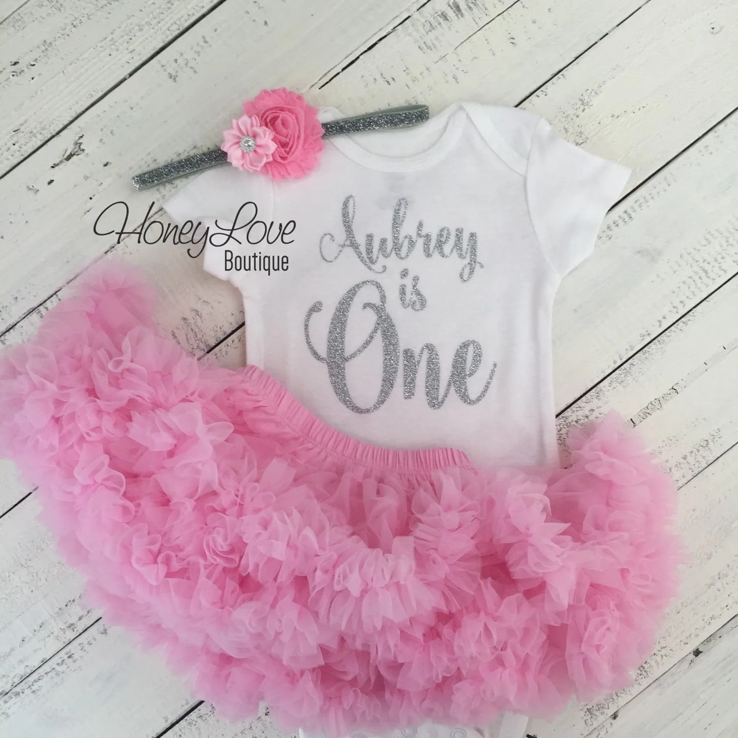 Personalized Name "is One" - 1st Birthday Outfit - Light Pink and Silver/Gold Glitter