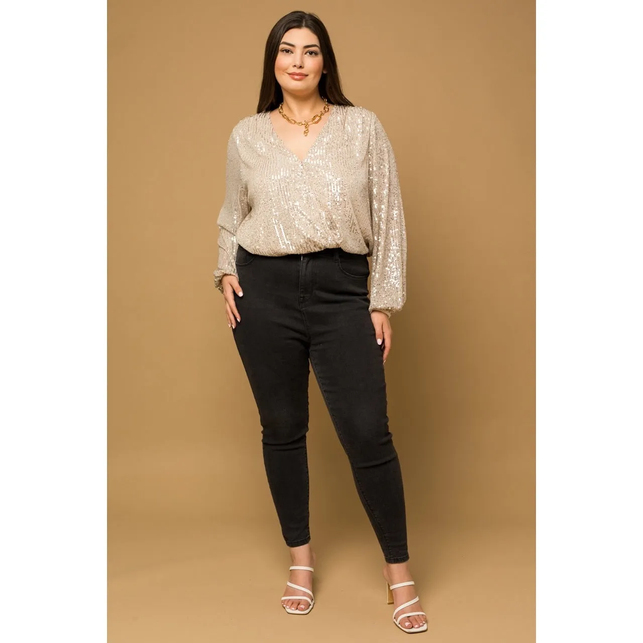 Plus Size Sequin Surplice Long Sleeve Bodysuit - Final Sale Item